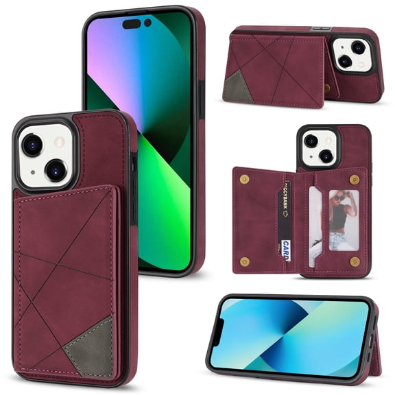 SaniMore for iPhone 14 6.1" PU Leather Case RFID Blocking, Back Magnetic Button Flip Wallet Cover Built-in Card Slot & Multi-Angle Kickstand Ultra-Thin Full Body Protective Shell, Winered