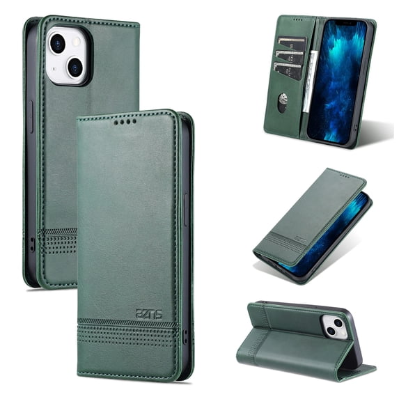 SaniMore for iPhone 14 6.1" PU Leather Case, Solid Color Magnetic Closure Flip Wallet Cover Built-in 3 Card Slots & Multi-Angle Kickstand Full Body Protective Shell, Darkgreen