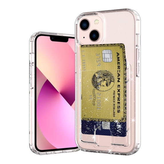 SaniMore for iPhone 14 6.1" Translucent Glitter Case, Rugged PC Back & Soft TPU Bumpers Case with Card Slot Shockproof Protective Case for iPhone 14 Women Ladies Girls, Clear