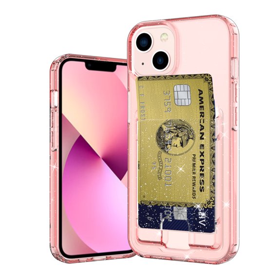 SaniMore for iPhone 14 6.1" Translucent Glitter Case, Rugged PC Back & Soft TPU Bumpers Case with Card Slot Shockproof Protective Case for iPhone 14 Women Ladies Girls, Pink