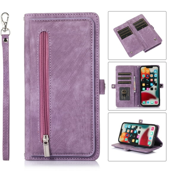 SaniMore iPhone 14 Business Case (6.1" 2022), Zipper Wallet + Magnetic Clasp + Card Slots + Flip Kickstand + Wrist/Crossbody Strap [Shockproof Anti-fall] Full-body Protective Shell, Purple