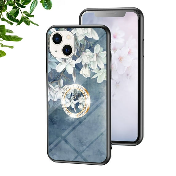 SaniMore for iPhone 14 Case, 31 Diamonds Glass Vehicle Magnetic Support Flexible TPU Flower Pattern Cover with 360° Rotatable Ring Kickstand Shockproof Protective Shell, Blue Flower