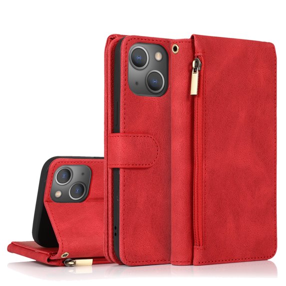 SaniMore iPhone 14 Case (6.1" 2022) with Zipper Wallet & Wrist Strap & Magnetic Closure Card Slots Kickstand Shockproof Anti-drop Slim Full-around Protective Business Cover For iPhone 14, Red
