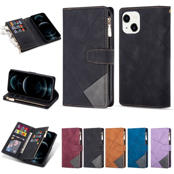 SaniMore for iPhone 14 Case with Card Slot, Line Stitching Metal Button Zipper Wallet PU Leather Cover with Folio Flip Kickstand + Hand Strap Shockproof Protective Shell, Black