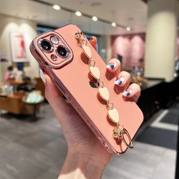 SaniMore for iPhone 14 Case, Love Pattern Cover with Heart Bracelet Hand Strap for Ladies Girls Women Hand Chain Rear Camera Protection Soft TPU Shockproof Protective Shell, Pink