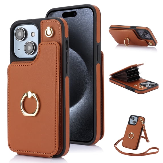 SaniMore for iPhone 14 Case, Luxury PU Leather Card Holders Flip Kickstand Metal Finger Ring Shockproof Drop Resistant Crossbody Lanyard for Girls Women Stylish Accordion Design, Brown