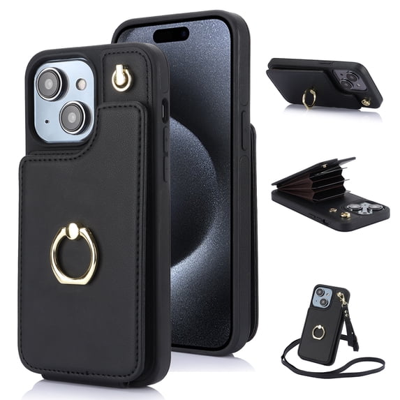 SaniMore for iPhone 14 Case, Luxury PU Leather Card Holders Flip Kickstand Metal Finger Ring Shockproof Drop Resistant Crossbody Lanyard for Girls Women Stylish Accordion Design, Black