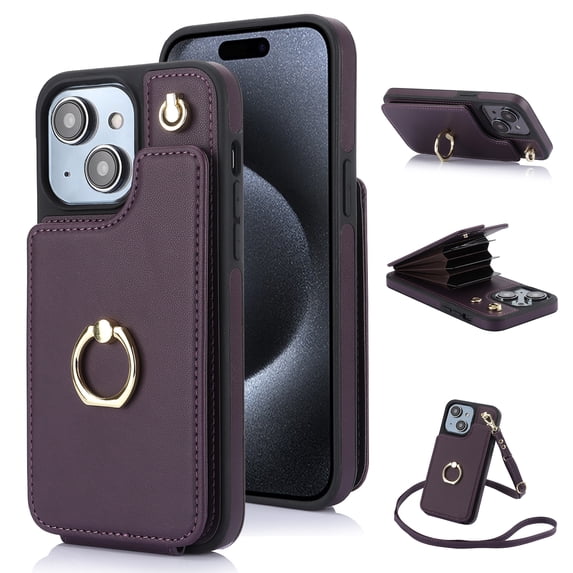SaniMore for iPhone 14 Case, Luxury PU Leather Card Holders Flip Kickstand Metal Finger Ring Shockproof Drop Resistant Crossbody Lanyard for Girls Women Stylish Accordion Design, Purple