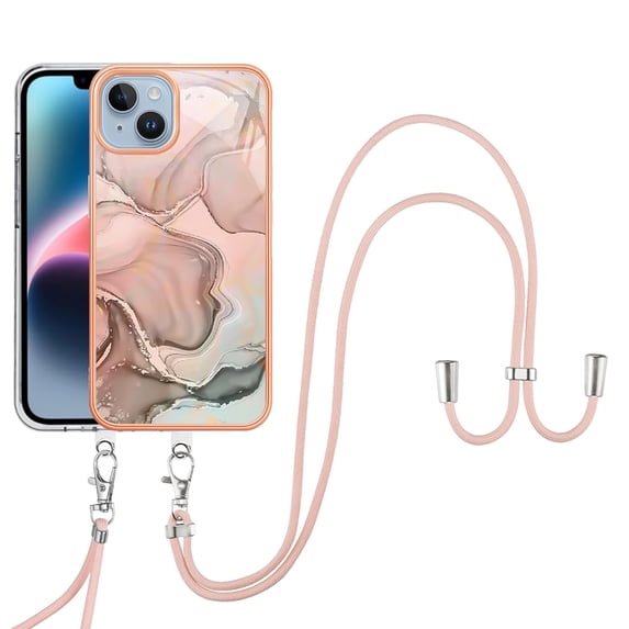 SaniMore for iPhone 14 Case, Marble Pattern 3 in 1 Heavy Duty Shockproof Full Body Hard PC IMD Bumper Crossbody Lanyard Women Girls Shockproof Cover for iPhone 14, Rosegold
