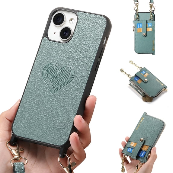 SaniMore for iPhone 14 Case, PU Leather Removeable Zipper Purse with Card Slots Crossbody Lanyard Shockproof Bumper Anti-drop Love Heart Stylish for Girls Women Wallet Cover for iPhone 14, Green