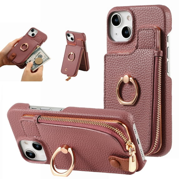 SaniMore for iPhone 14 Case, PU Leather Zipper Purse RFID Blocking Card Slots Flip Kickstand Metal Finger Ring Magnetic Car Mount Shockproof Anti-fall Rugged Wallet Shell for Ladies Men, Purple