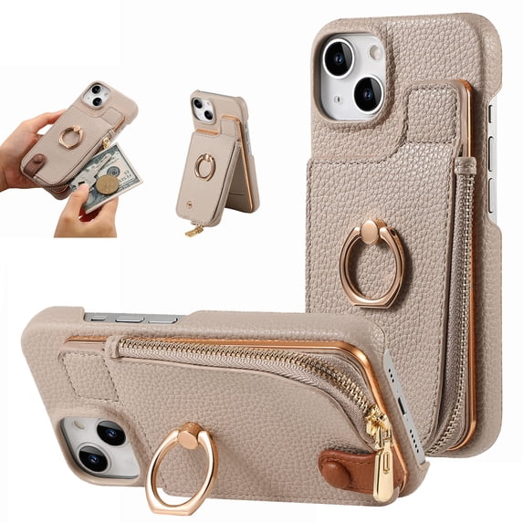 SaniMore for iPhone 14 Case, PU Leather Zipper Purse RFID Blocking Card Slots Flip Kickstand Metal Finger Ring Magnetic Car Mount Shockproof Anti-fall Rugged Wallet Shell for Ladies Men, Khaki