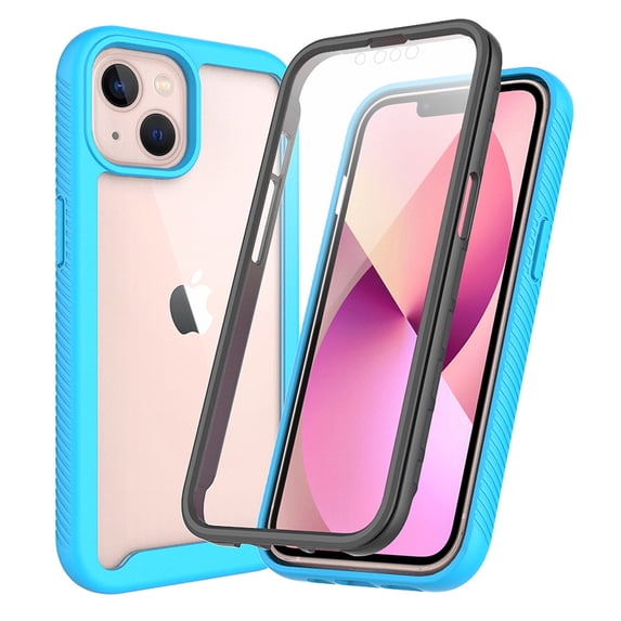 SaniMore for iPhone 14 Case, Rugged PC Back & TPU Bumpers Two-Layer Structure Transparent Cover with PET Screen Protector Shockproof Protective Shell for iPhone 14, Blue