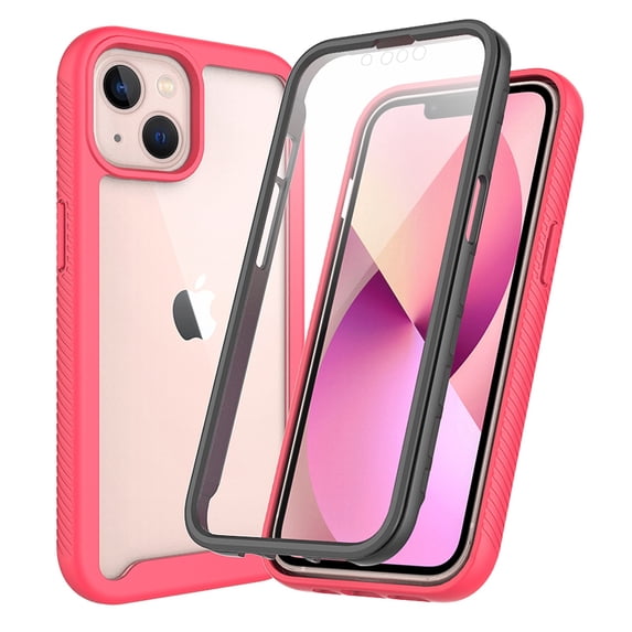 SaniMore for iPhone 14 Case, Rugged PC Back & TPU Bumpers Two-Layer Structure Transparent Cover with PET Screen Protector Shockproof Protective Shell for iPhone 14, Pink