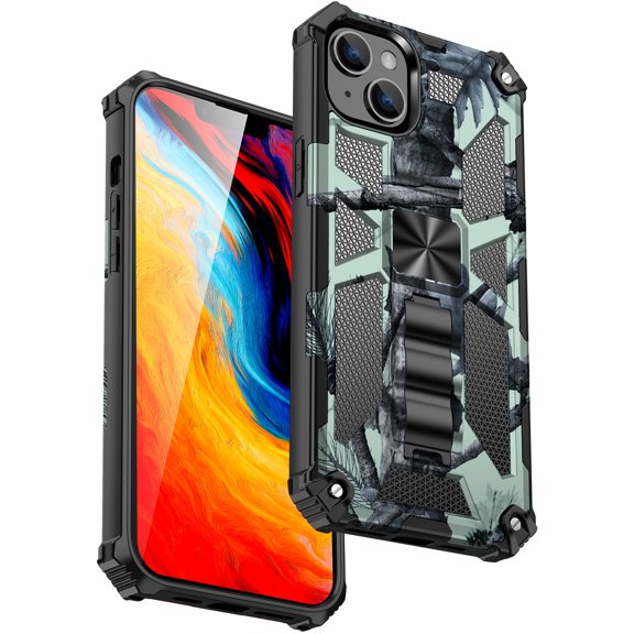 SaniMore for iPhone 14 Case, Rugged PC & Soft TPU CD Magnetic Cover Built-in Car Mount & Multi-View Kickstand Camouflage Military Grade Shockproof Heavy Duty Protective Shell, Mint