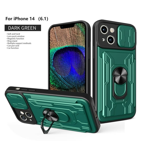 SaniMore for iPhone 14 Case with Sliding Camera Cover and Card Holder, Heavy Duty Protective Case with Ring Magnetic Kickstand Phone Case for iPhone 14 6.1" 2022, Green