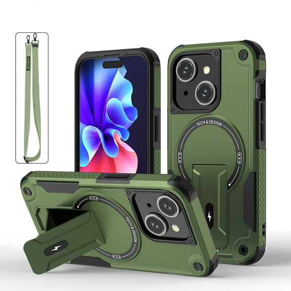 SaniMore for iPhone 14 Case with Wrist Strap Magnetic Plate [Wireless Charging] Rotating Kickstand Dual-layer PC TPU Shockproof Military Drop Resistant Stand Shell for iPhone 14, Armygreen