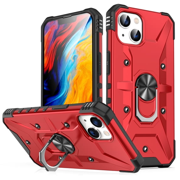 SaniMore for iPhone 14 Multi-Functional Case, Rugged PC Magnetic Cover Built-in Car Mount & 360° Rotatable Metal Ring Kickstand Military Grade Shockproof Protective Shell, Red