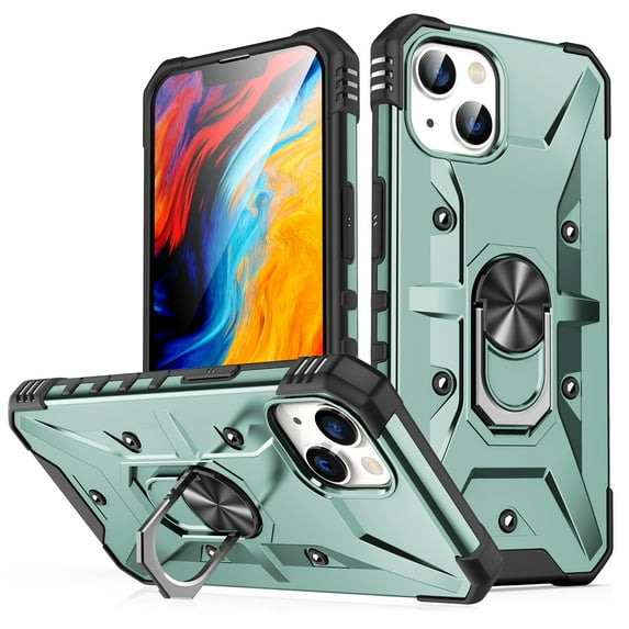 SaniMore for iPhone 14 Multi-Functional Case, Rugged PC Magnetic Cover Built-in Car Mount & 360° Rotatable Metal Ring Kickstand Military Grade Shockproof Protective Shell, Darkgreen