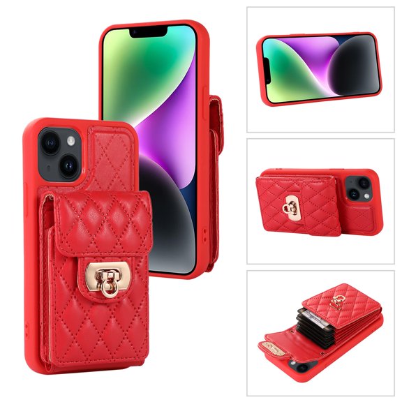 SaniMore for iPhone 14 PU Leather Case, Multi-Functional Metal Snap Wallet Cover with Card Slot & Kickstand Shoulder Strap Full Body Protective Shell for iPhone 14, Red