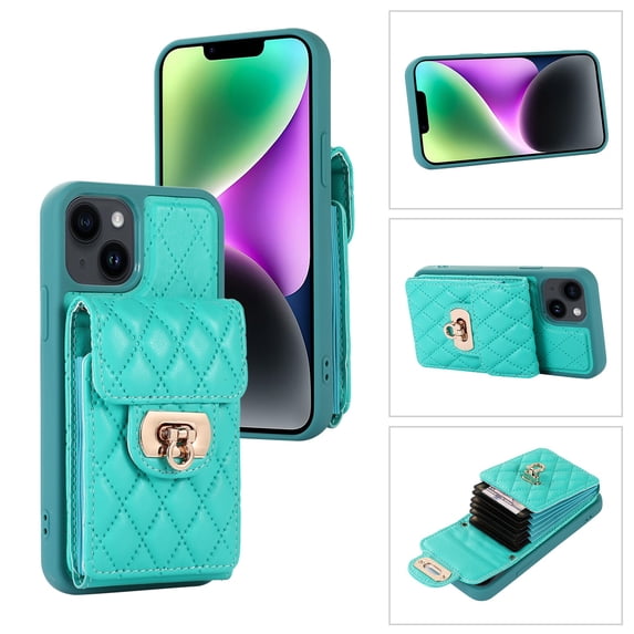 SaniMore for iPhone 14 PU Leather Case, Multi-Functional Metal Snap Wallet Cover with Card Slot & Kickstand Shoulder Strap Full Body Protective Shell for iPhone 14, Green