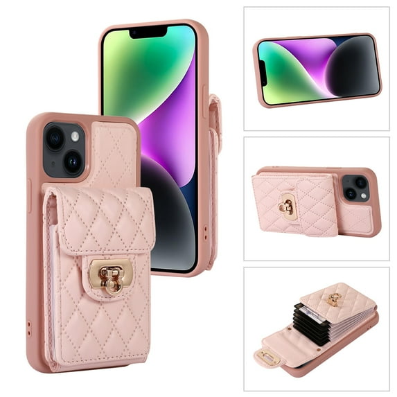 SaniMore for iPhone 14 PU Leather Case, Multi-Functional Metal Snap Wallet Cover with Card Slot & Kickstand Shoulder Strap Full Body Protective Shell for iPhone 14, Pink