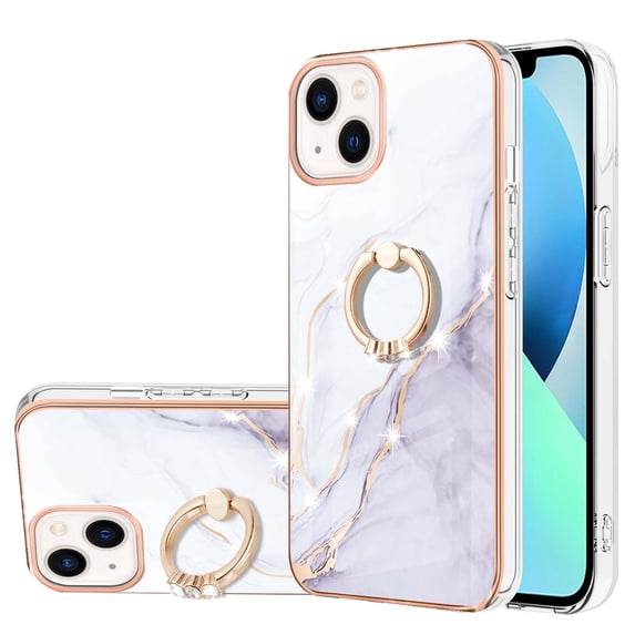 SaniMore for iPhone 14 Plus 6.7" 2022 Case with 360 Degree Rotating Metal Ring Shockproof TPU Backplane Marble Pattern Luxury Fashion Anti-drop Cover for iPhone 14 Plus 6.7" 2022, White Marble