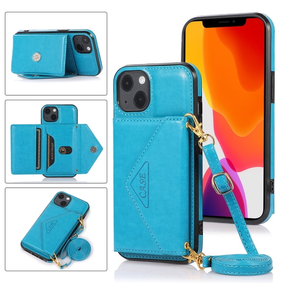 SaniMore for iPhone 14 Plus 6.7" 2022 Case with Back Folding Card Pocket Kickstand Detachable Adjustable Crossbody Shoulder Strap PU Leather Shockproof Slim Wallet Case for iPhone 14 Plus, ,Blue