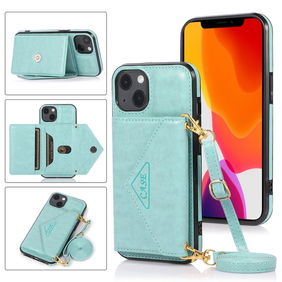 SaniMore for iPhone 14 Plus 6.7" 2022 Case with Back Folding Card Pocket Kickstand Detachable Adjustable Crossbody Shoulder Strap PU Leather Shockproof Slim Wallet Case for iPhone 14 Plus, Mint