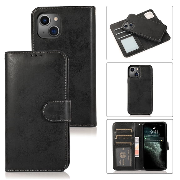 SaniMore for iPhone 14 Plus 6.7" 2022 Case, Flip Folio PU Leather Wallet Cover with Detachable Shell Wrist Strap Kickstand Card Slots Business Shockproof Case Magnetic Clasp for iPhone 14 Plus, Black
