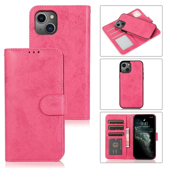 SaniMore for iPhone 14 Plus 6.7" 2022 Case, Flip Folio PU Leather Wallet Cover with Detachable Shell Wrist Strap Kickstand Card Slots Business Shockproof Case Magnetic Clasp for iPhone 14 Plus, Rose