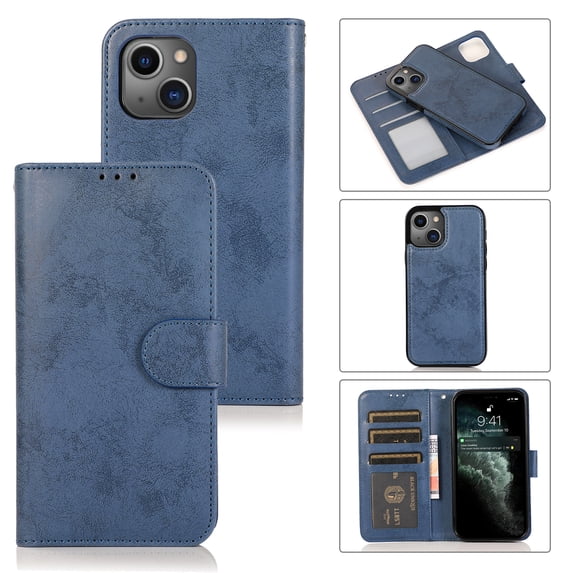 SaniMore for iPhone 14 Plus 6.7" 2022 Case, Flip Folio PU Leather Wallet Cover Detachable Shell Wrist Strap Kickstand Card Slots Business Shockproof Case Magnetic Clasp for iPhone 14 Plus,Darkblue