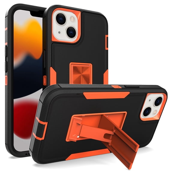 SaniMore for iPhone 14 Plus 6.7" 2022 Case, Hidden Bracket Magnetic Car Holder Dust Cover 3-layer Heavy Duty Protective Rugged Anti-fall Shock Absorption CoverFor iPhone 14 Plus, Black/Orange