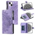 thumbnail image 1 of SaniMore for iPhone 14 Plus 6.7" 2022 Case, Luxury PU Leather Skin with Emboss Totem Detachable Crossbody Strap + Zipper Cash Pokcet Card Holder Flip Kickstand Wallet Cover for iPhone 14 Plus, Purple, 1 of 10