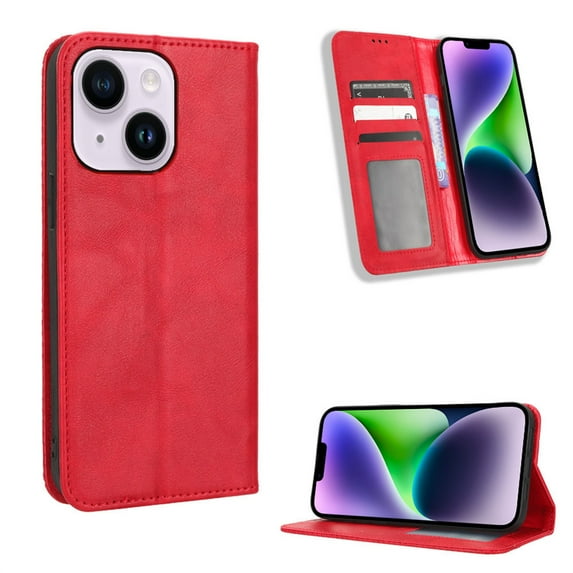 SaniMore iPhone 14 Plus 6.7" 2022 Case, Magnetic Folio PU Leather Cover with Card Slots Cash Pocket Stand Feature Full-body Protctive Shockproof Anti-fall Business Wallet Retro Shell, Red