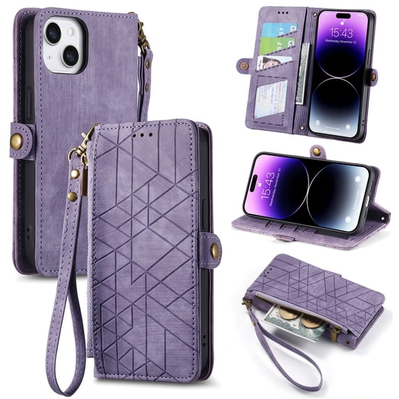 SaniMore for iPhone 14 Plus (6.7" 2022) Case, PU Leather Embossed Lines with Wrist Strap Zipper Cash Pocket Card Slots Magnetic Flip Stand Full Protective TPU Shell Anti-drop Business Design, Purple