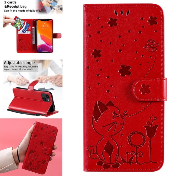 SaniMore for iPhone 14 Plus 6.7" 2022 Case, PU Leather Skin with Embossed Cat Flip Magnetic Cover Card Slots Kickstand Detachable Lanyard Full Around Wallet Shell For iPhone 14 Plus, Red