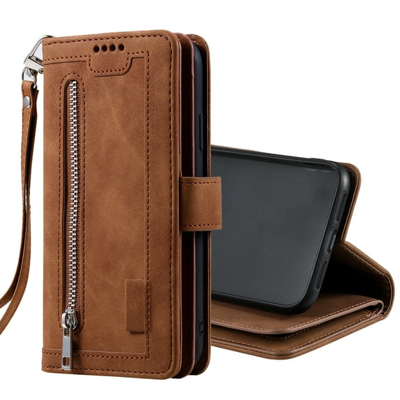 SaniMore for iPhone 14 Plus 6.7" 2022 Case, Prumium Leather Zipper Wallet Card Slots Cash Pocket Flip Kickstand Lanyard Anti-drop Shcokproof Full Body Wrap Business Case for iPhone 14 Plus, Brown