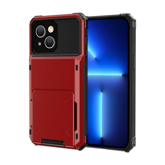 SaniMore for iPhone 14 Plus 6.7" 2022 Case, Shockproof Drop Resisatnt Flip Card Slots Wallet Bracket Rugged PC Back + Soft TPU Bumper Anti-scratch Heavy Duty Protective Slim Case, Red
