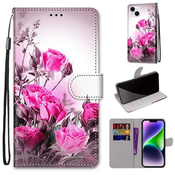 SaniMore for iPhone 14 Plus 6.7 "2022 PU Leather Case with Card Slots Detchable Lanyard Color Painting Luxury Pattern Flip Kickstand Shcokproof Wallet Case For iPhone 14 Plus 6.7", Wild Rose