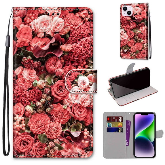 SaniMore for iPhone 14 Plus 6.7 "2022 PU Leather Case with Card Slots Detchable Lanyard Color Painting Luxury Pattern Flip Kickstand Shcokproof Wallet Case For iPhone 14 Plus 6.7", Rose Garden