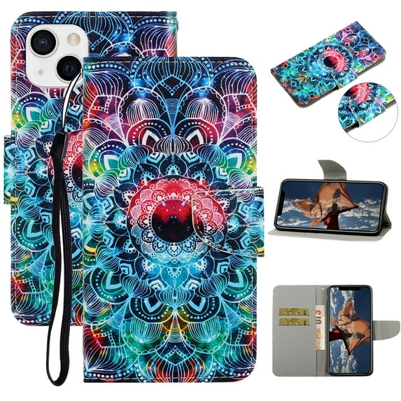 SaniMore for iPhone 14 Plus 6.7" 2022 Wallet Case, Color Painting Pattern with Kickstand Card Slots Detachable Wrist Strap Grils Women PU Leather Case Magnetic Clasp for iPhone 14 Plus, Mandala