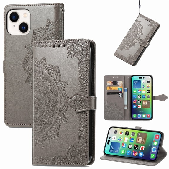 SaniMore for iPhone 14 Plus 6.7" 2022 Wallet Case with Embossed Mandala PU Leather Flip Protection Wrist Strap Credit Card Holder Pocket Kickstand Shockproof Case for iPhone 14 Plu 6.7" 2022, Gray