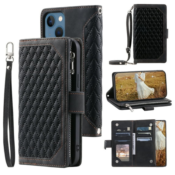 SaniMore for iPhone 14 Plus (6.7" 2022) Wallet Case with Wrist/Crossbody Lanyard, 3D Lattice PU Leather Flip Kickstand Zipper Purse & Card Slots Magnetic Clasp Shockproof TPU Shell Anti-drop -Black