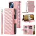 thumbnail image 1 of SaniMore for iPhone 14 Plus (6.7" 2022) Wallet Case with Wrist/Crossbody Lanyard, 3D Lattice PU Leather Flip Kickstand Zipper Purse & Card Slots Magnetic Clasp Shockproof TPU Shell Anti-drop -Rosegold, 1 of 13
