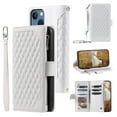 thumbnail image 1 of SaniMore for iPhone 14 Plus (6.7" 2022) Wallet Case with Wrist/Crossbody Lanyard, 3D Lattice PU Leather Flip Kickstand Zipper Purse & Card Slots Magnetic Clasp Shockproof TPU Shell Anti-drop -White, 1 of 13