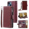 thumbnail image 1 of SaniMore for iPhone 14 Plus (6.7" 2022) Wallet Case with Wrist/Crossbody Lanyard, 3D Lattice PU Leather Flip Kickstand Zipper Purse & Card Slots Magnetic Clasp Shockproof TPU Shell Anti-drop -Winered, 1 of 13
