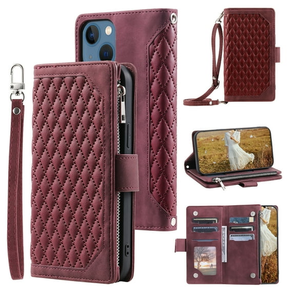 SaniMore for iPhone 14 Plus (6.7" 2022) Wallet Case with Wrist/Crossbody Lanyard, 3D Lattice PU Leather Flip Kickstand Zipper Purse & Card Slots Magnetic Clasp Shockproof TPU Shell Anti-drop -Winered