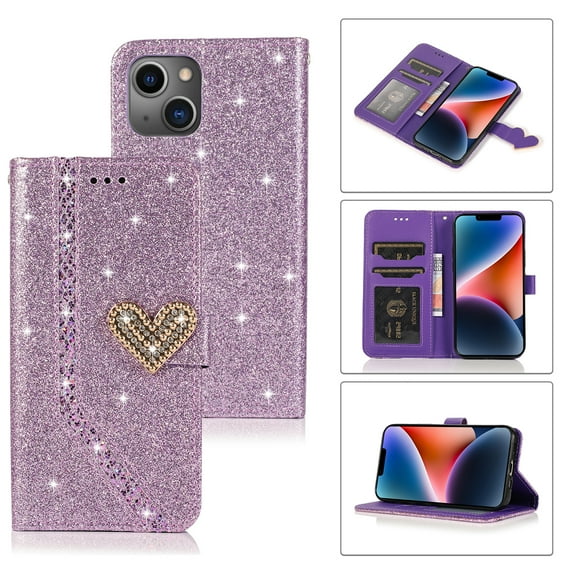 SaniMore for iPhone 14 Plus 6.7" Magnetic Glitter Love Flip Wallet Case with Card Slot & Kickstand, Premium PU Leather Case with Wrist Strap Shockproof Protective Case for Women Ladies Girlss, Purple