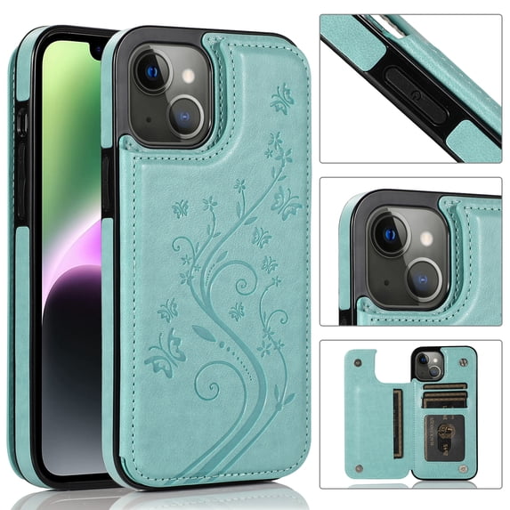 SaniMore for iPhone 14 Plus 6.7" Magnetic Wallet Case, PU Leather Case with Card Slot & Kickstand Shockproof Protective Case for iPhone 14 Plus Women Ladies, Mint